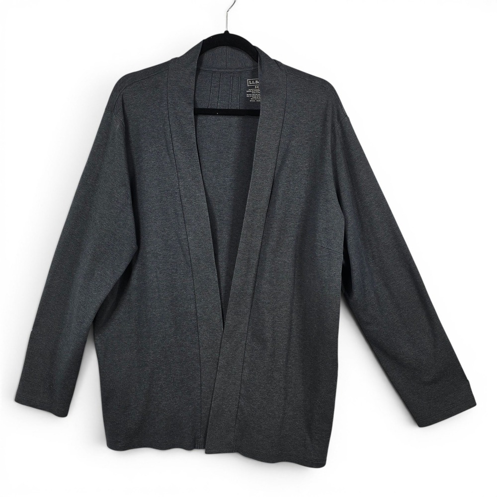 LL Bean Womens 3X Supima Cotton Open Front Cardigan Gray Pockets‎ Long Sleeve